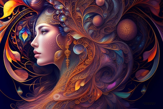 Une femme aux cheveux colorés et une couronne.