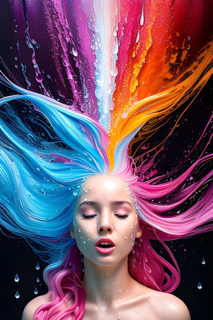 Une femme aux cheveux colorés est représentée avec un arc-en-ciel sur la tête.