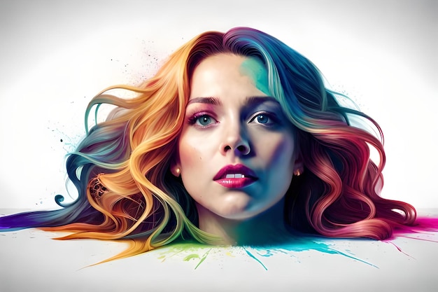 Une femme aux cheveux colorés est représentée sur un fond de couleur arc-en-ciel.