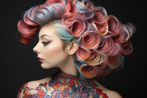 Une femme aux cheveux colorés pose pour une photo.