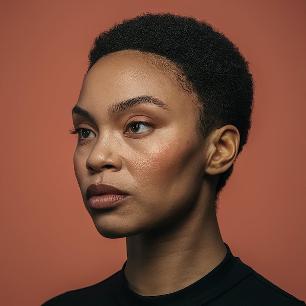 une femme aux cheveux courts et une chemise noire porte une chemise noir