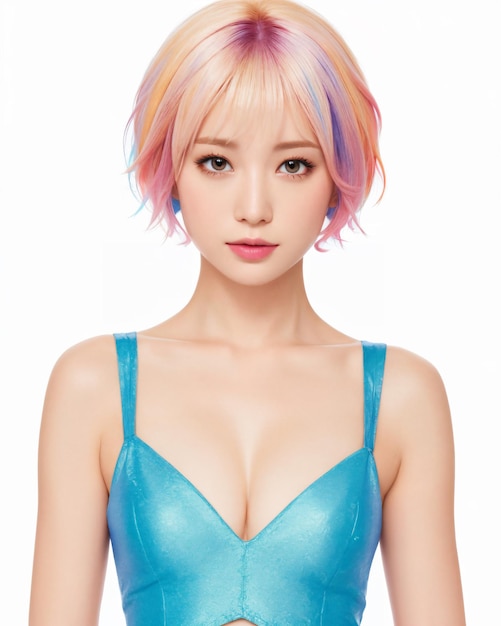 Une femme aux cheveux courts avec des cheveux roses et bleus et un haut bleu avec le mot love sur le devant.