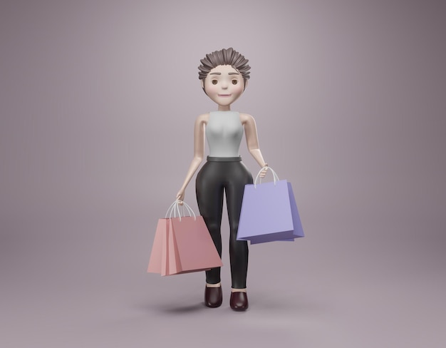 Femme aux cheveux courts de personnage de dessin animé sur fond tient le rendu 3d du sac à provisions