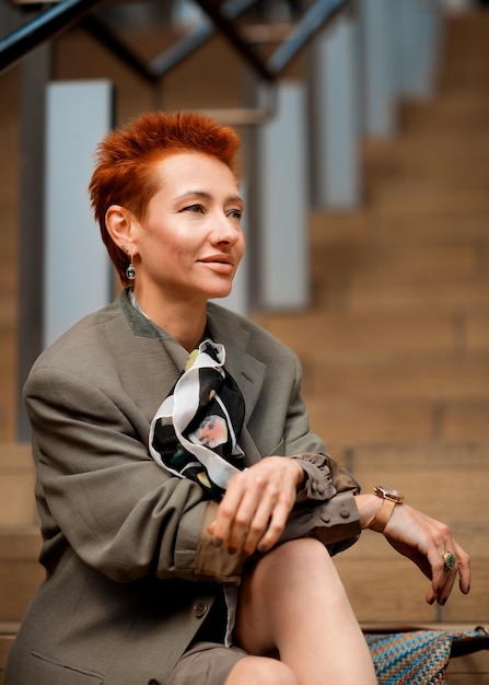 Femme aux cheveux courts rouges en robe grise assise sur les escaliers du centre-ville pendant ses vacances