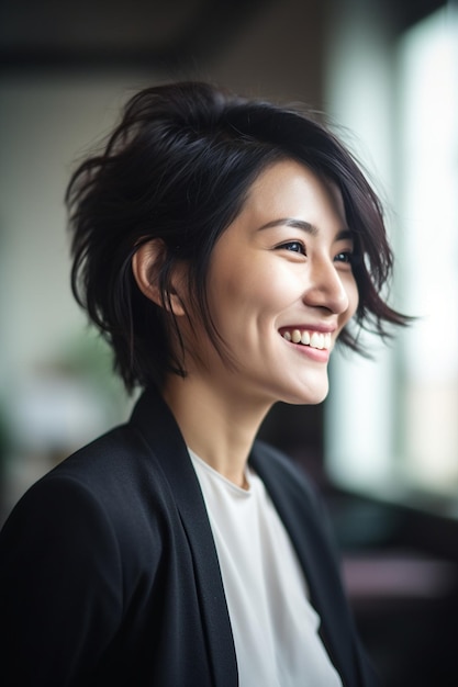 une femme aux cheveux courts souriant et regardant la caméra.