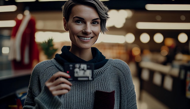 Femme aux cheveux courts avec un sourire heureux portant un pull et une carte de crédit sur un fond de centre commercial Generative AI