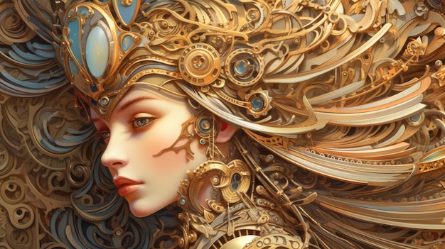Une femme aux cheveux dorés et bleus et une couronne d'or
