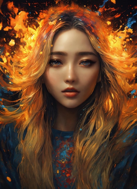 Une femme aux cheveux, une fille fantastique, un feu d'art.