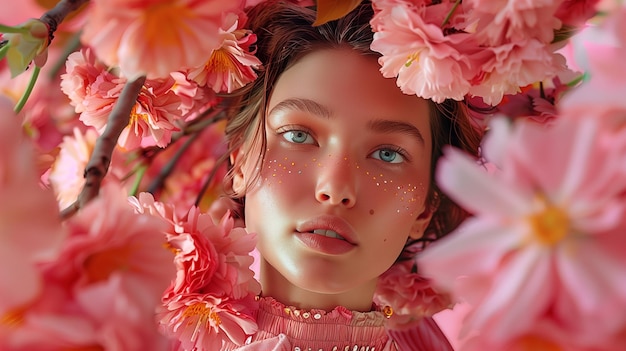 Une femme aux cheveux fluides profite d'un moment de délicates fleurs de cerises roses