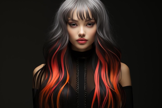 Une femme aux cheveux gris et aux cheveux roux et noirs a un fond rouge et noir.