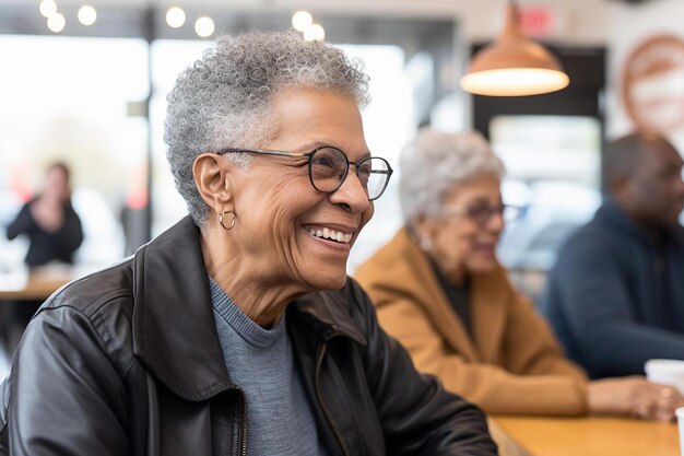 une femme aux cheveux gris et aux lunettes est assise à une table avec d'autres personnes