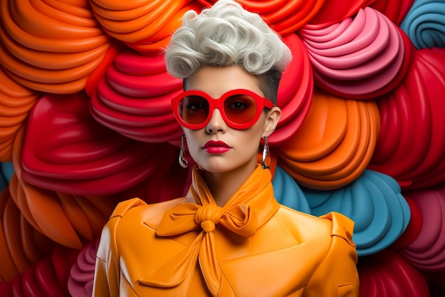 Femme aux cheveux gris et aux lunettes de soleil rouges devant un mur de disques en plastique colorés IA générative