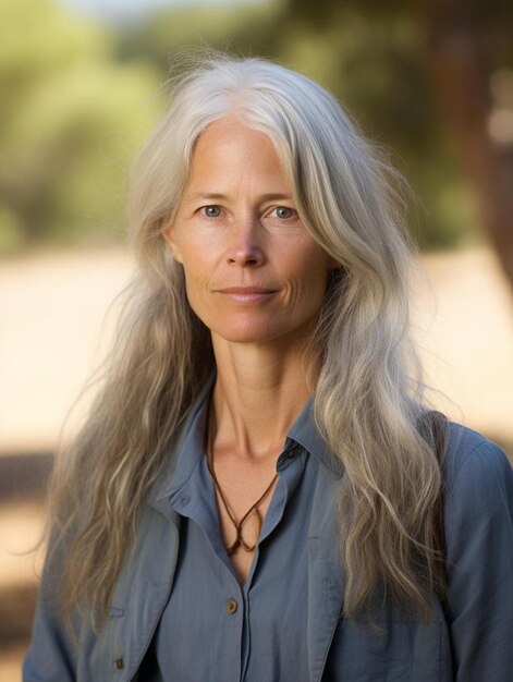 Photo une femme aux cheveux gris et une chemise bleue se tient devant un arbre