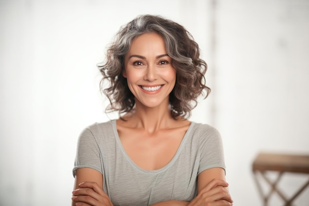 Une femme aux cheveux gris et une chemise grise avec les bras croisés.