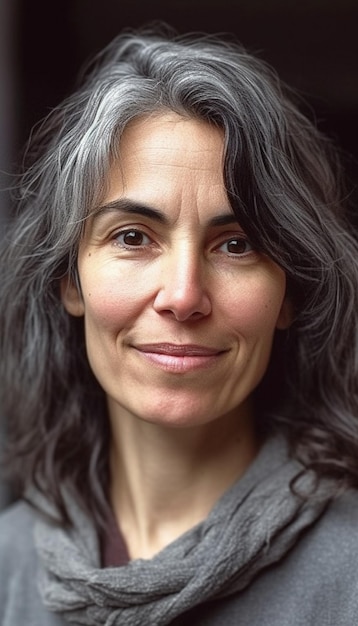 Une femme aux cheveux gris et une chemise grise sourit à la caméra.