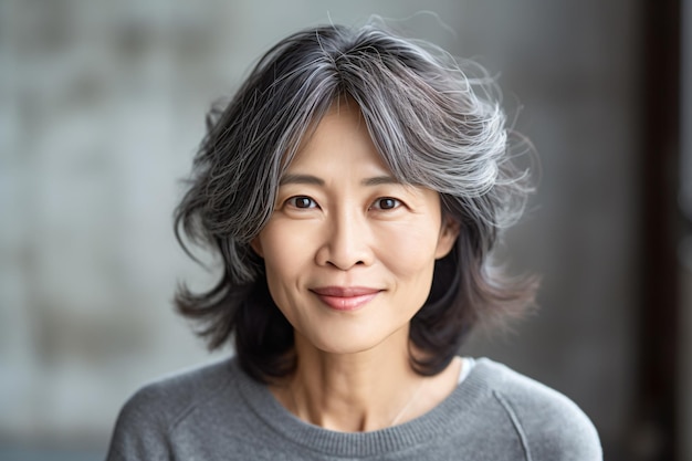 une femme aux cheveux gris et une chemise grise