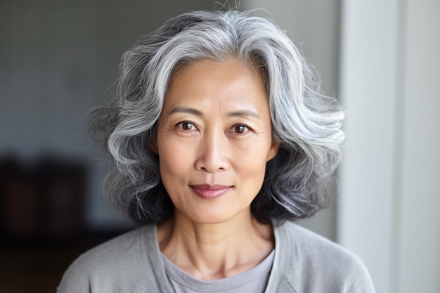 une femme aux cheveux gris et une chemise grise