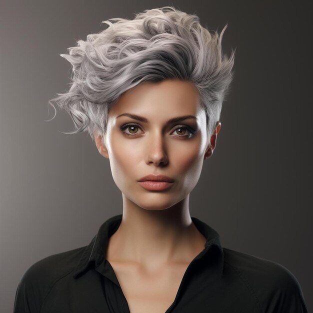 une femme aux cheveux gris et une chemise noire avec une ligne de cheveux blanche.