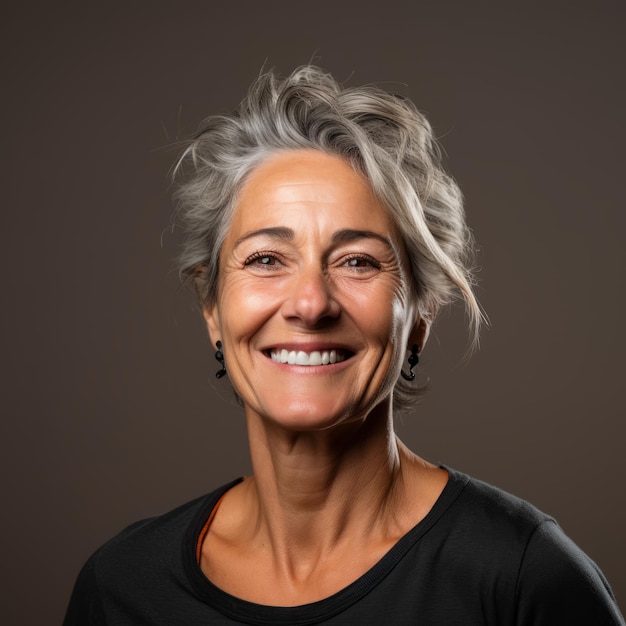 une femme aux cheveux gris et une chemise noire