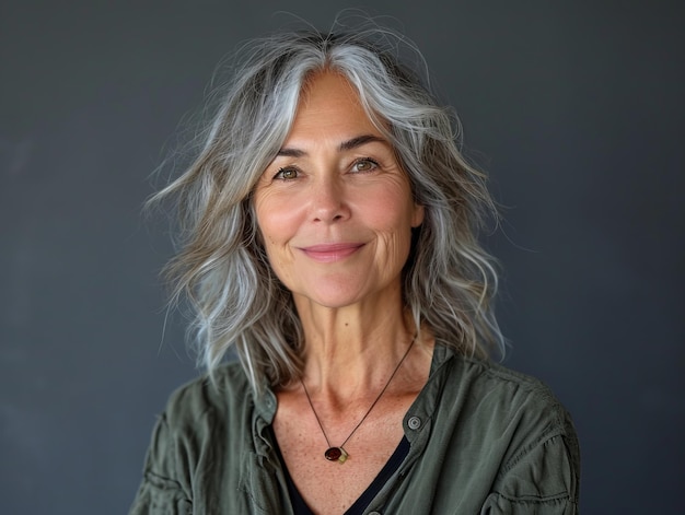 Une femme aux cheveux gris et une chemise verte