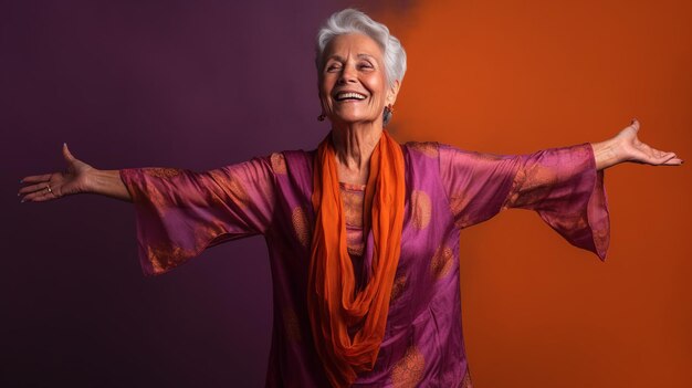 Une femme aux cheveux gris et une chemise violette sourit et a les bras tendus.