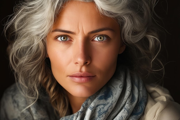 Une femme aux cheveux gris et une écharpe autour du cou. IA générative.