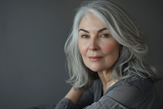 Une femme aux cheveux gris et à l'écharpe