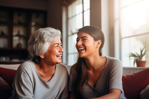 femme aux cheveux gris grand-mère mère et fille adulte assise sur le canapé et parlant doucement