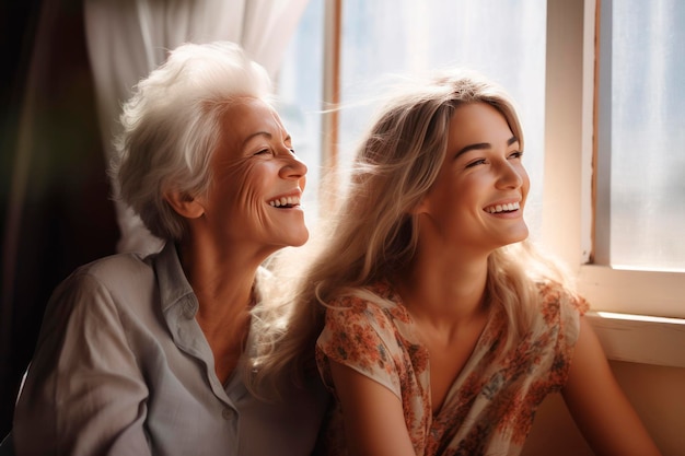 une femme aux cheveux gris, une grand-mère, une mère et une fille adulte assises confortablement sur le canapé et se serrant dans les bras.