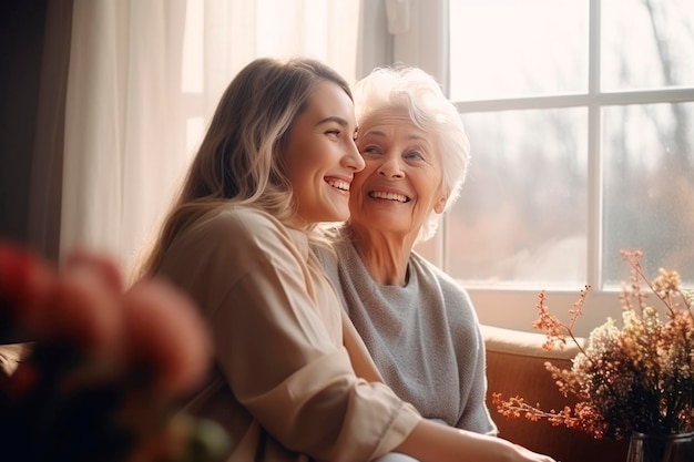 une femme aux cheveux gris, une grand-mère, une mère et une fille adulte assises confortablement sur le canapé et se serrant dans les bras.