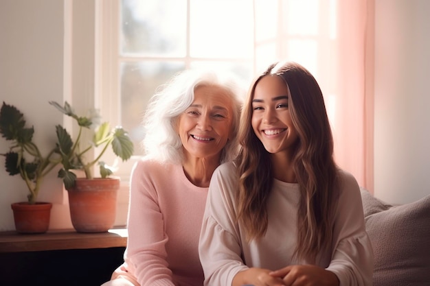 une femme aux cheveux gris, une grand-mère, une mère et une fille adulte assises confortablement sur le canapé et se serrant dans les bras.