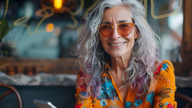 Femme aux cheveux gris avec des lunettes assise AI générative