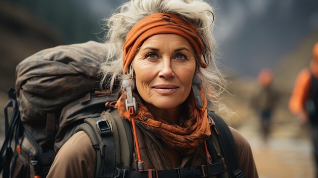 Photo une femme aux cheveux gris portant un sac à dos