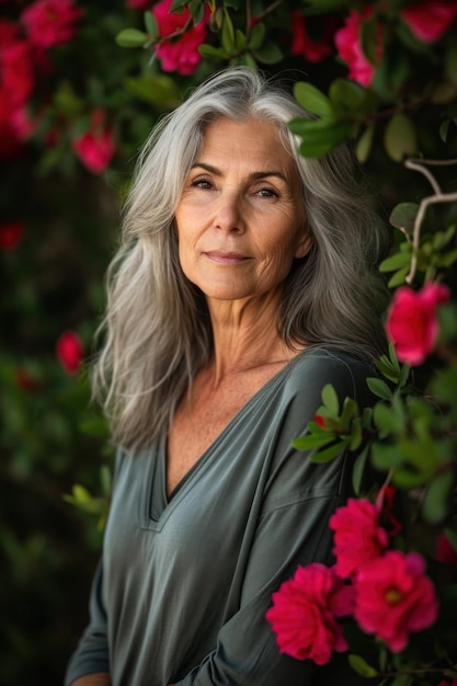 Une femme aux cheveux gris posant devant un buisson ai