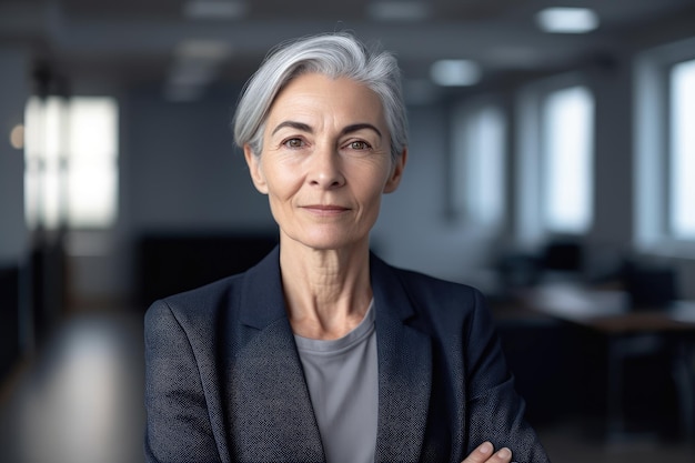 Une femme aux cheveux gris se tient dans un bureau lumineux, les bras croisés.