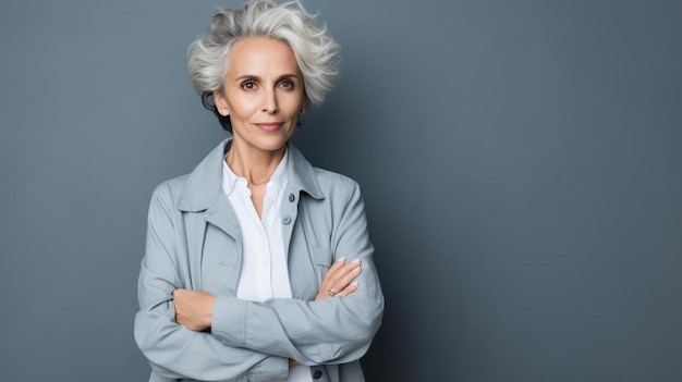 Photo une femme aux cheveux gris se tient devant un fond gris