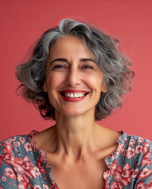 Une femme aux cheveux gris souriant à la caméra