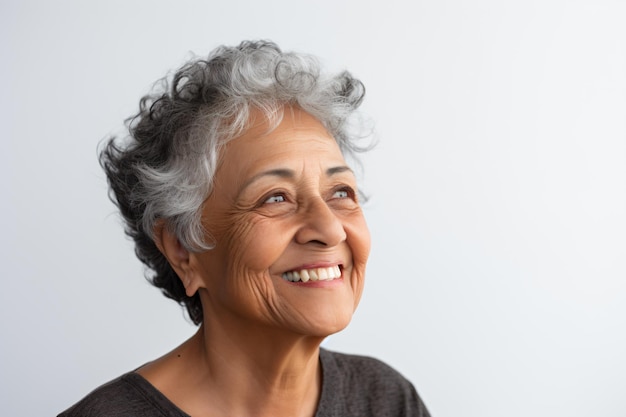 une femme aux cheveux gris souriant et levant les yeux