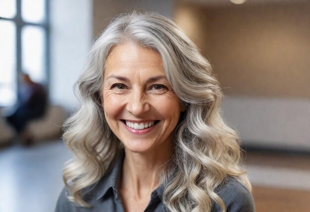 une femme aux cheveux gris et un sourire sur le visage