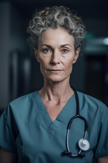 Une femme aux cheveux gris et un stéthoscope se tient dans une pièce sombre.