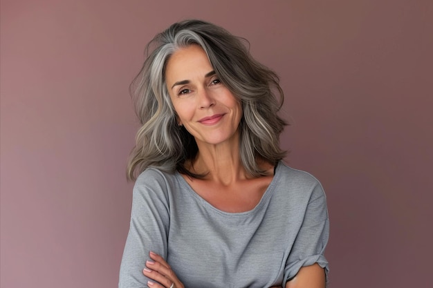 Une femme aux cheveux gris et un t-shirt gris debout, les bras croisés