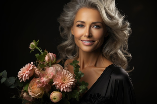 Une femme aux cheveux gris tient des fleurs