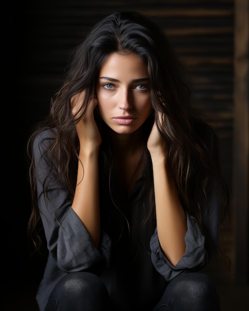 une femme aux cheveux longs assise sur un plancher en bois