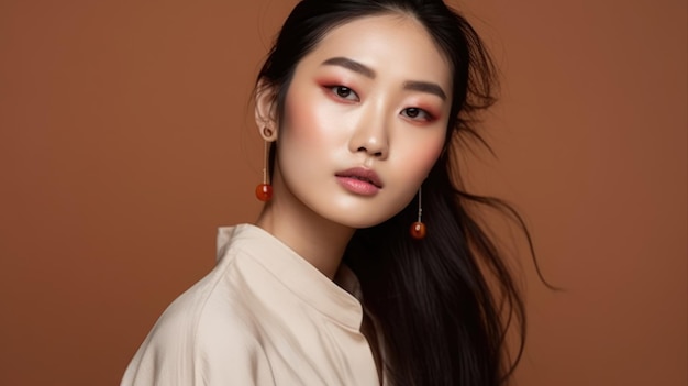 Une femme aux cheveux longs et aux yeux rouges se tient devant un fond marron