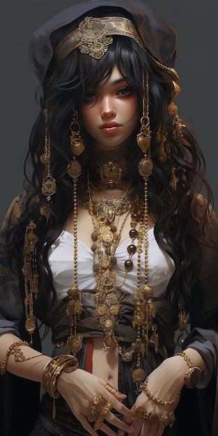 une femme aux cheveux longs et une chemise blanche porte une robe blanche avec des perles d'or