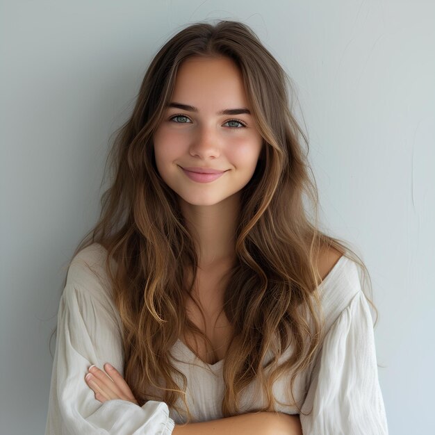 Une femme aux cheveux longs et une chemise blanche sourit à la caméra avec les bras croisés et ses bras