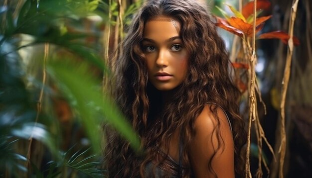 Photo une femme aux cheveux longs et une chemise noire se tient devant un palmier