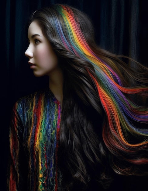 Photo une femme aux cheveux longs avec des couleurs arc-en-ciel sur ses cheveux