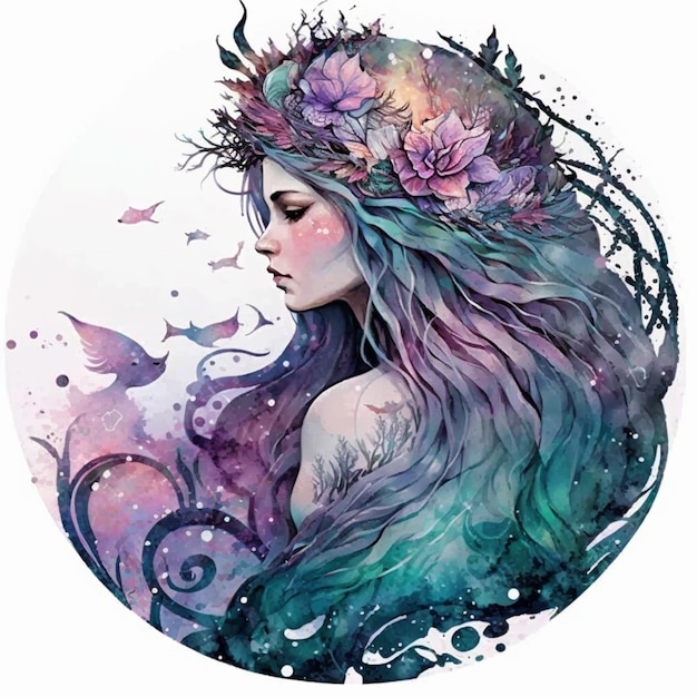 une femme aux cheveux longs et une couronne de fleurs sur sa tête