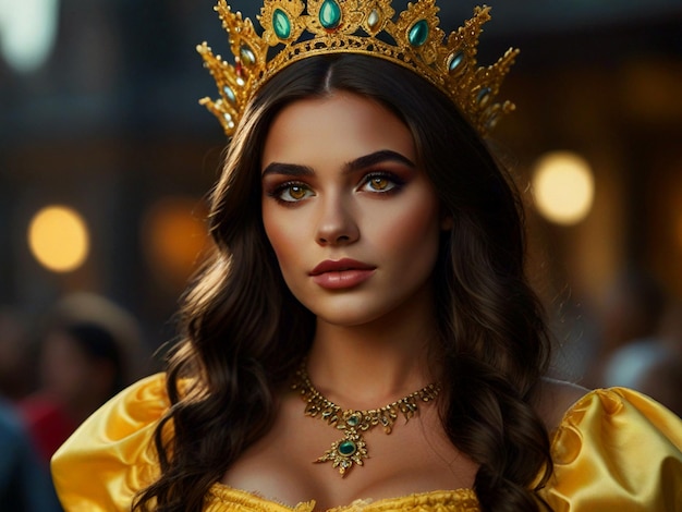 une femme aux cheveux longs et une couronne porte une couronne d'or